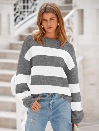 Gray and white striped lantern sleeve sweater