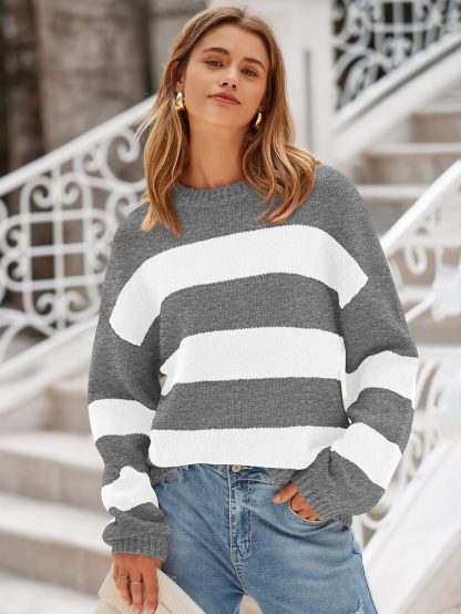 Gray and white striped lantern sleeve sweater - Image 3