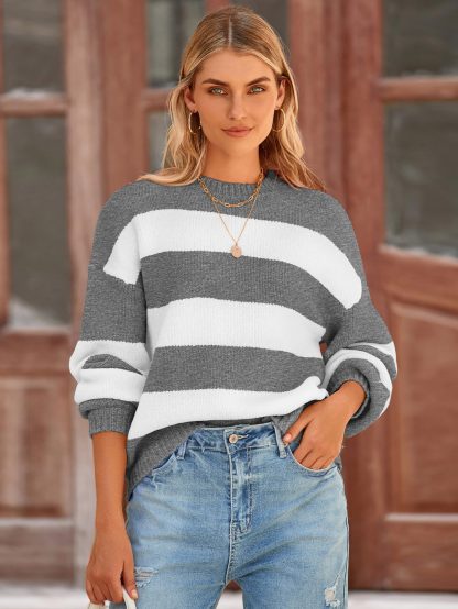 Gray and white striped lantern sleeve sweater - Image 2