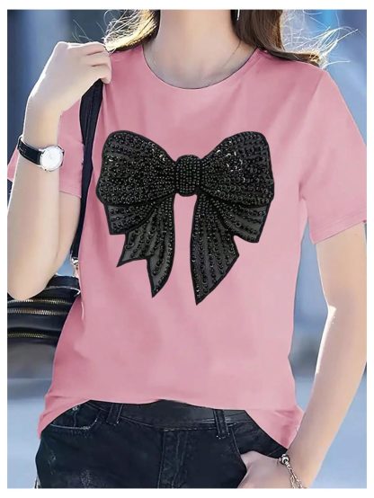 Sweet rhinestone bow short-sleeved T-shirt - Image 6