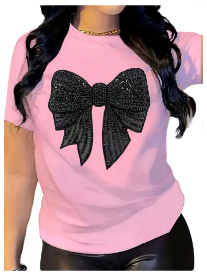 Sweet rhinestone bow short-sleeved T-shirt