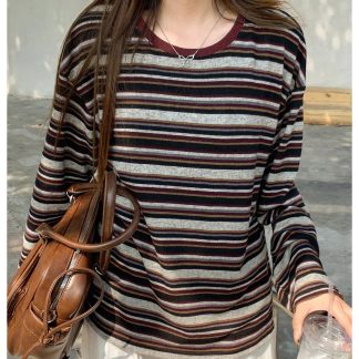 Retro striped dropped shoulder long-sleeved top