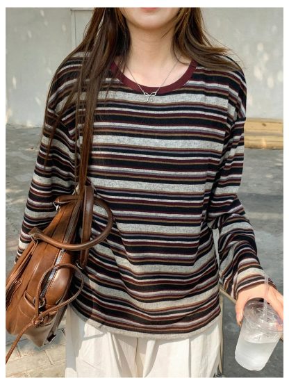 Retro striped dropped shoulder long-sleeved top