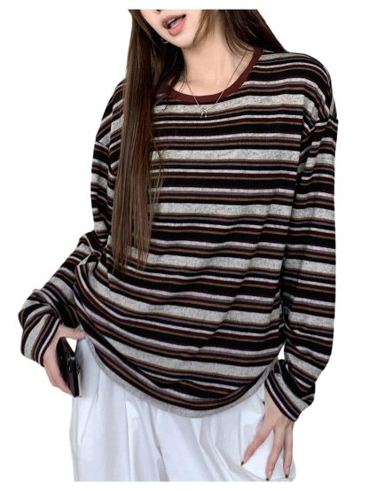 Retro striped dropped shoulder long-sleeved top - Image 5