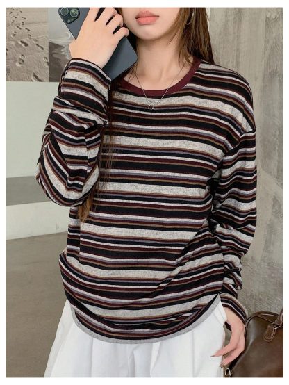 Retro striped dropped shoulder long-sleeved top - Image 4