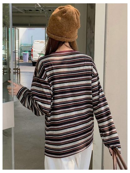 Retro striped dropped shoulder long-sleeved top - Image 3