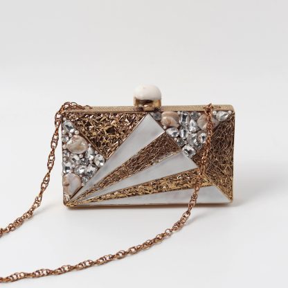 Vintage Gold Geometric Pearl Evening Bag - Image 2