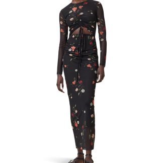 Black floral print mesh drawstring waist suit