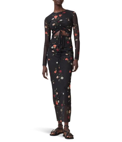Black floral print mesh drawstring waist suit
