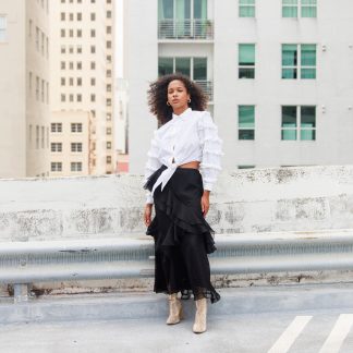 Black irregular ruffled high waist maxi skirt