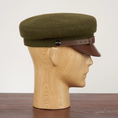 Army Green Woolen Brown Leather Vintage Beret - Image 2