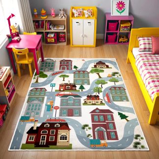 Realistic city building and traffic children's carpet