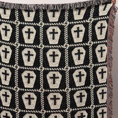 Retro dark gothic coffin cross jacquard blanket - Image 5