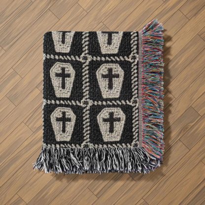 Retro dark gothic coffin cross jacquard blanket - Image 3
