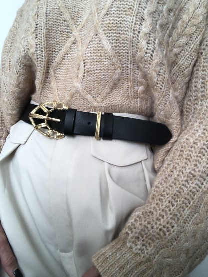 Retro geometric gold buckle black belt - Image 8
