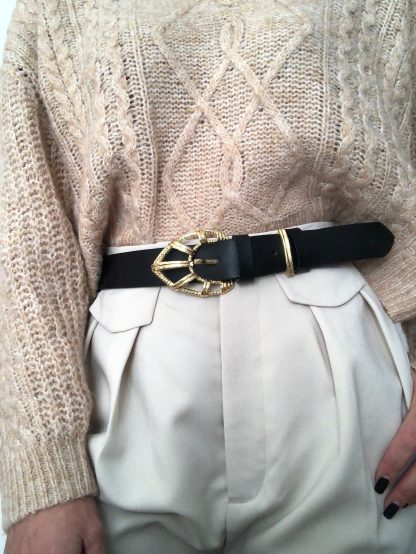 Retro geometric gold buckle black belt - Image 7