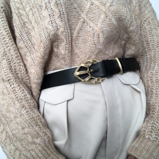 Retro geometric gold buckle black belt
