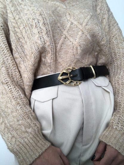 Retro geometric gold buckle black belt
