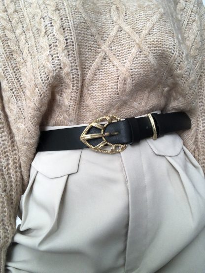 Retro geometric gold buckle black belt - Image 4