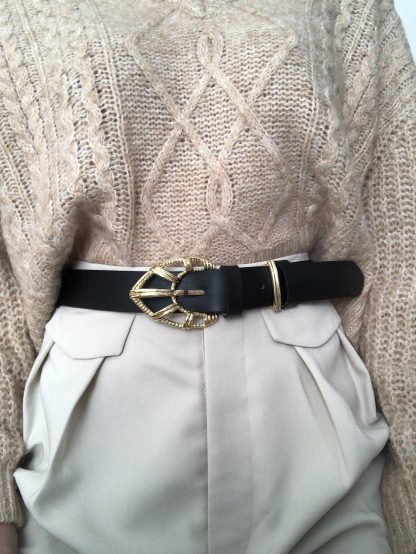 Retro geometric gold buckle black belt - Image 3