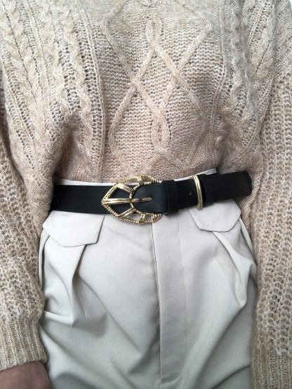 Retro geometric gold buckle black belt - Image 2