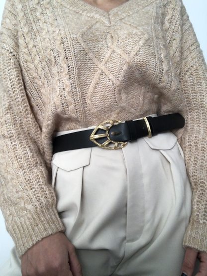 Retro geometric gold buckle black belt - Image 9