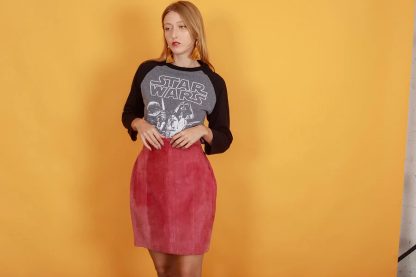 Rose Red Faux Suede High-Waisted A-Line Skirt - Image 3