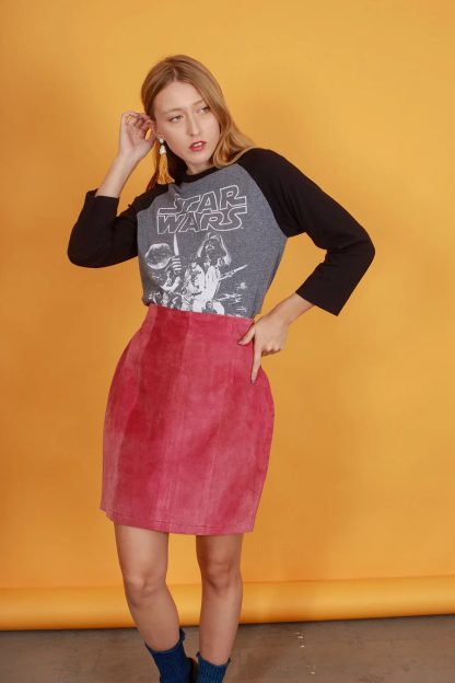 Rose Red Faux Suede High-Waisted A-Line Skirt - Image 2