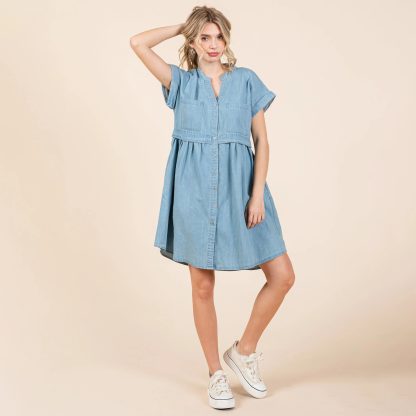 Casual Light Denim V-Neck Button Dress - Image 8