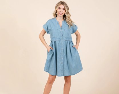 Casual Light Denim V-Neck Button Dress - Image 7