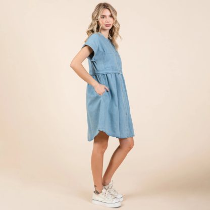 Casual Light Denim V-Neck Button Dress - Image 6
