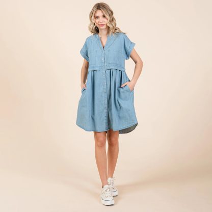 Casual Light Denim V-Neck Button Dress