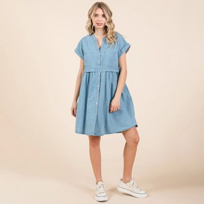 Casual Light Denim V-Neck Button Dress - Image 3