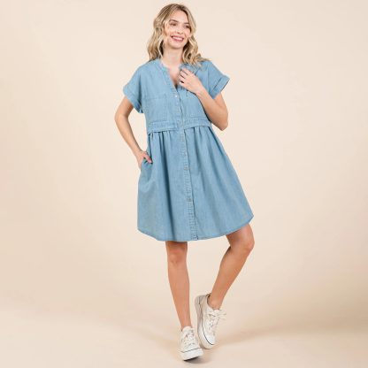 Casual Light Denim V-Neck Button Dress - Image 2
