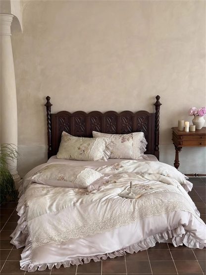 Lace Rose Embroidered Satin Bedding Set