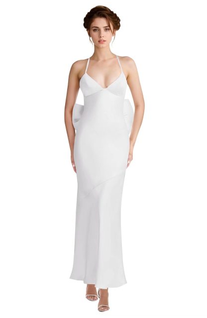 White Satin Deep V Open Back Bow Slim Maxi Dress