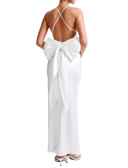 White Satin Deep V Open Back Bow Slim Maxi Dress - Image 2