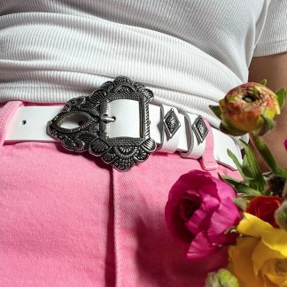 Sweet and cool retro silver buckle white belt