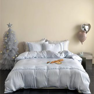 Girlish light blue polka dot ruffled bedding four-piece set