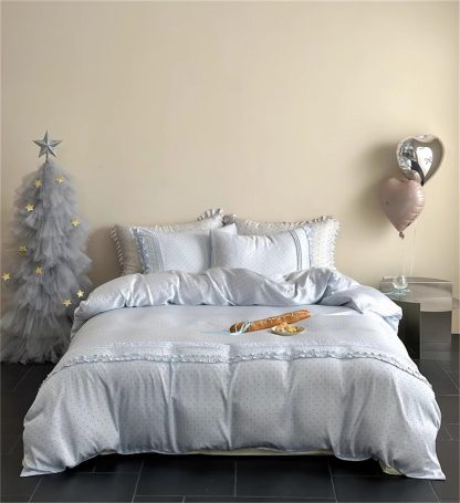 Girlish light blue polka dot ruffled bedding four-piece set