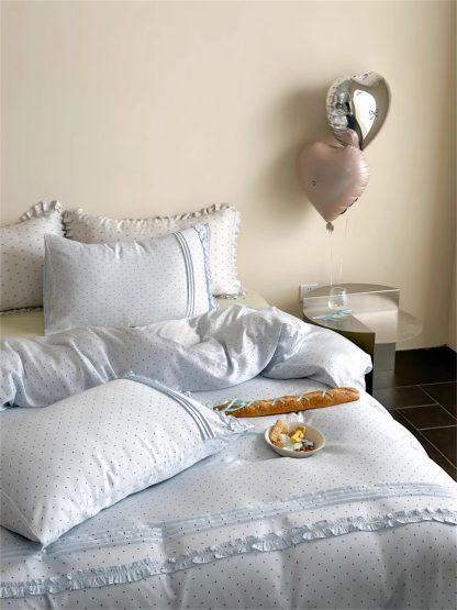Girlish light blue polka dot ruffled bedding four-piece set - Image 2