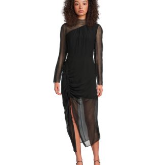 Black mesh patchwork pleated slit dress