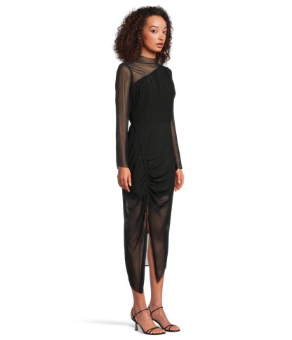 Black mesh patchwork pleated slit dress - Image 3