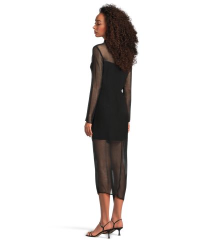 Black mesh patchwork pleated slit dress - Image 2
