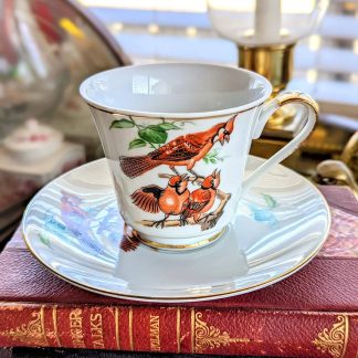 Hand-painted cardinal bone china cup and saucer set