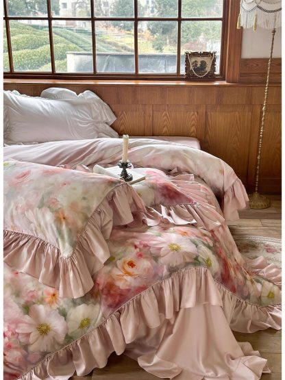 Romantic Oil Painting Floral Satin Ruffle Bedding Set - Image 10