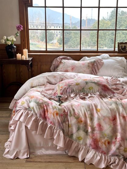 Romantic Oil Painting Floral Satin Ruffle Bedding Set - Image 8