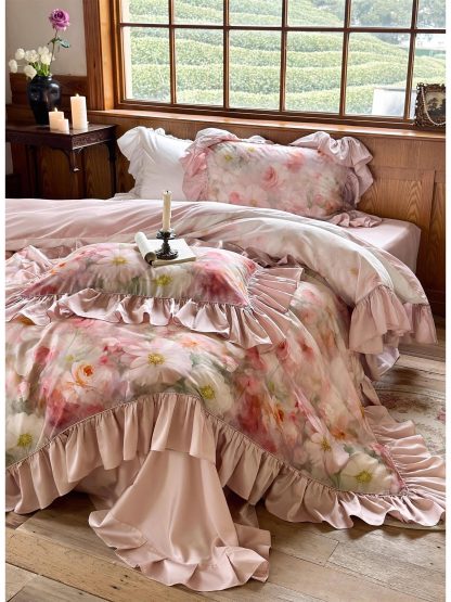 Romantic Oil Painting Floral Satin Ruffle Bedding Set - Image 7