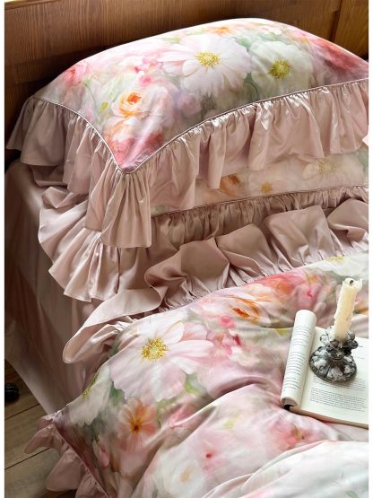 Romantic Oil Painting Floral Satin Ruffle Bedding Set - Image 6