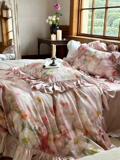 Romantic Oil Painting Floral Satin Ruffle Bedding Set - Image 5
